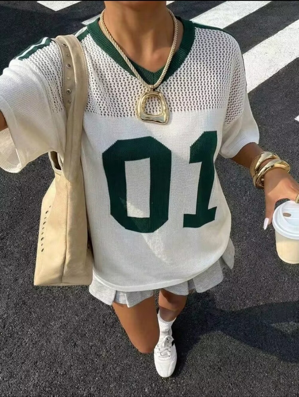White Knit Mesh Jersey Top with Green '01' Graphic Medium